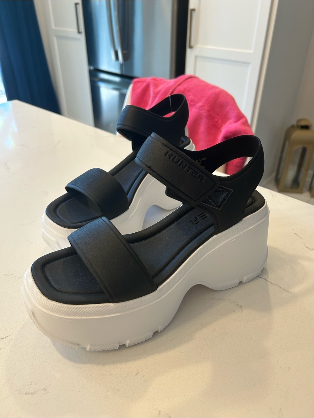 Hunter Black Platform Sandals with White Sole